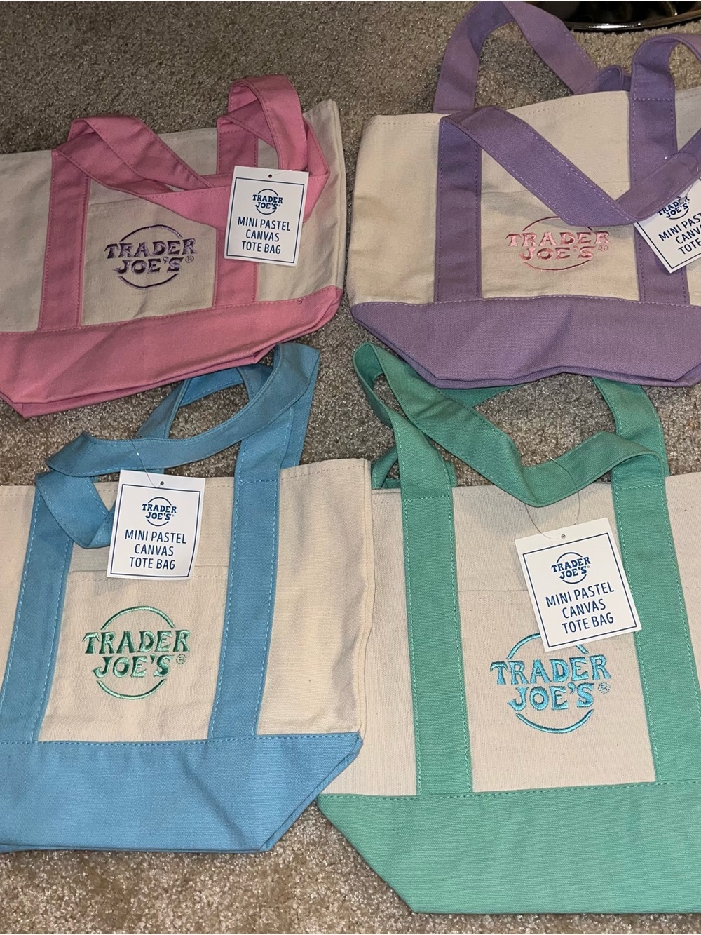 *NWT* Trader Joe’s Mini Pastel Canvas Tote Bag - Pink, Purple, Blue, Green
